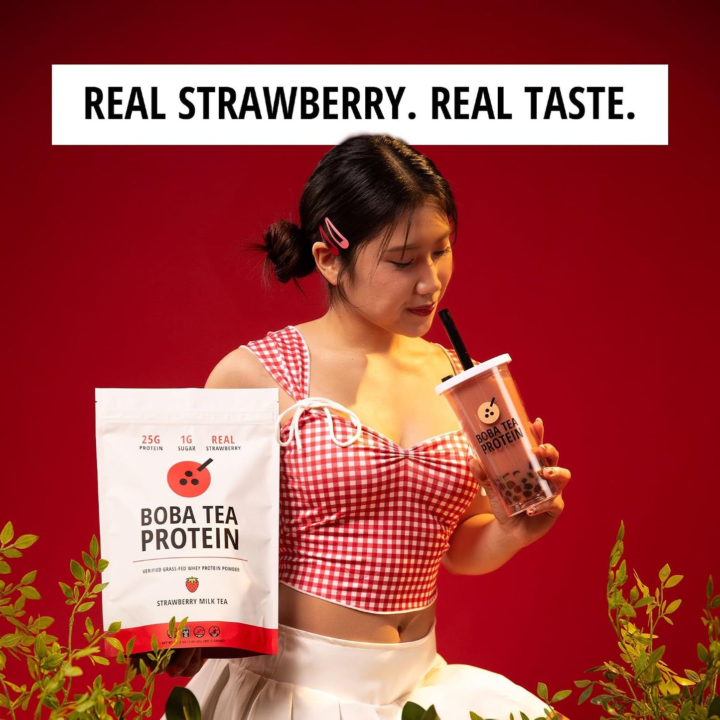 Strawberry Milk Tea | 25g Grass-Fed Whey Protein Isolate Powder | Gluten-Free & Soy-Free Bubble Tea Protein Drink | Real Ingredients & Lactose-Free Protein Drink | 25 Servings
