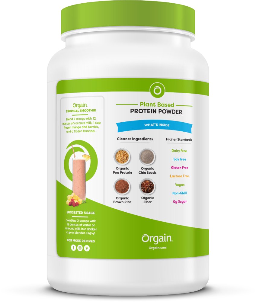 Orgain Organic Plant Based Protein Powder, Vanilla Bean - Vegan, Low Net Carbs, Non Dairy, Gluten Free, Lactose Free, No Sugar Added, Soy Free, Kosher, Non-GMO, 2.03 Pound