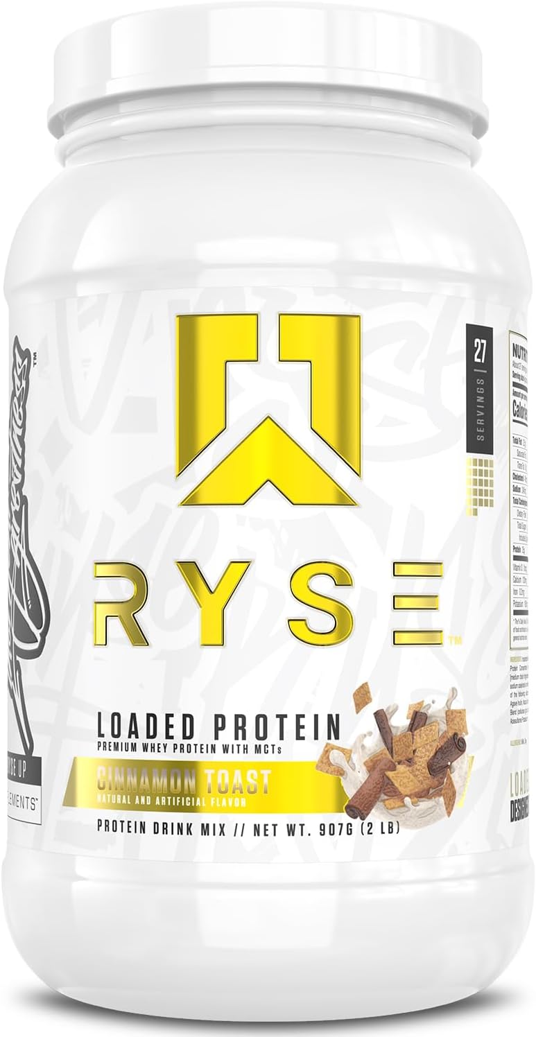 RYSE Loaded Protein Powder - Cinnamon Toast - 25g Whey Protein Isolate & Concentrate with Prebiotic Fiber & MCTs - Low Carb, Low Sugar, Digestive-Friendly - 20 Servings / 1.5 lb Tub