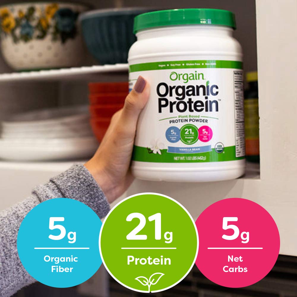 Orgain Organic Plant Based Protein Powder, Vanilla Bean - Vegan, Low Net Carbs, Non Dairy, Gluten Free, Lactose Free, No Sugar Added, Soy Free, Kosher, Non-GMO, 2.03 Pound