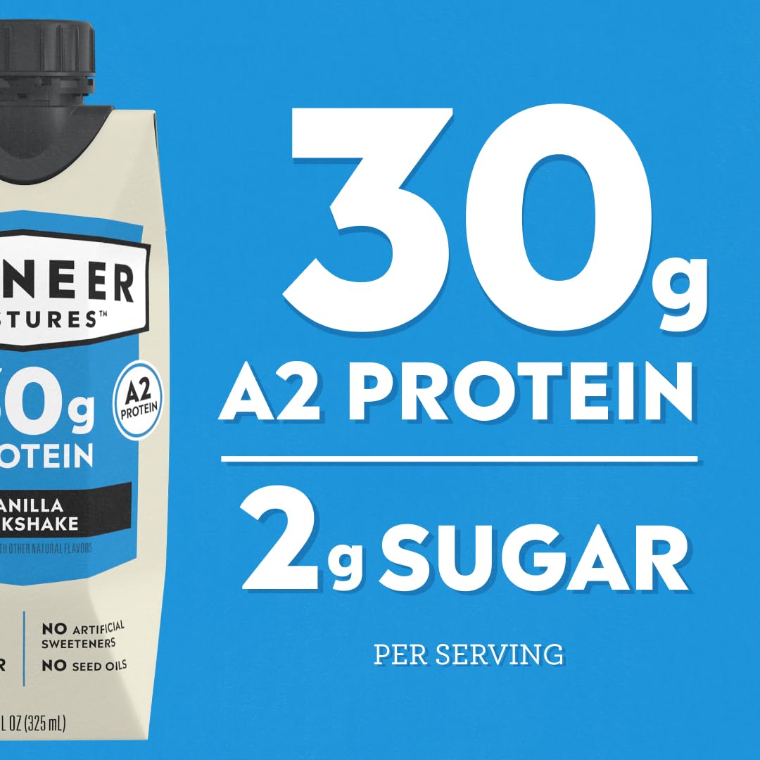 Pioneer Pastures High Protein A2 Milkshakes, Chocolate, 11oz, 12 Pack | A2 Protein Shake, 30g Protein, Ultra-Filtered, Lactose Free, 2g Sugar, No Seed Oils, No Artificial Sweeteners