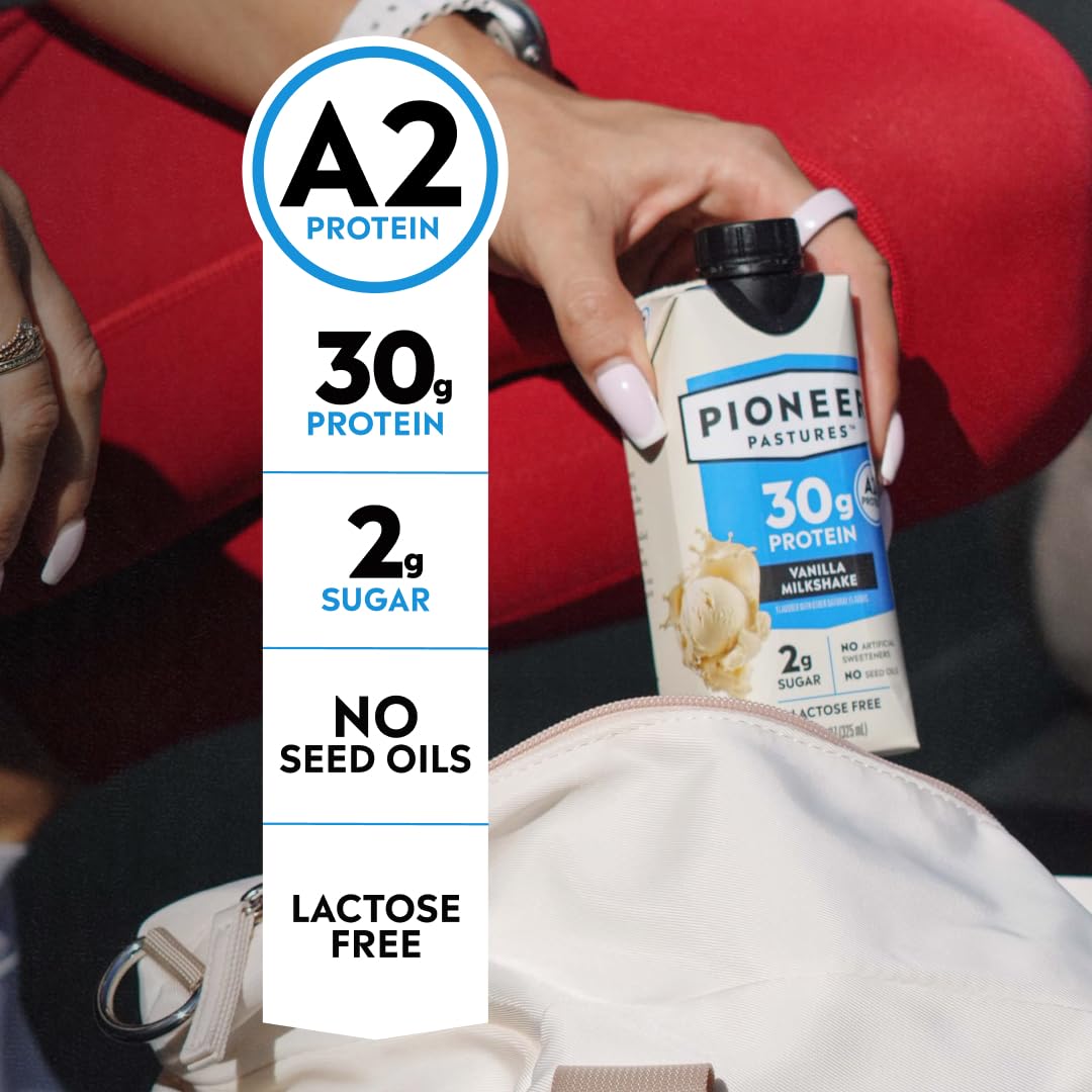 Pioneer Pastures High Protein A2 Milkshakes, Chocolate, 11oz, 12 Pack | A2 Protein Shake, 30g Protein, Ultra-Filtered, Lactose Free, 2g Sugar, No Seed Oils, No Artificial Sweeteners