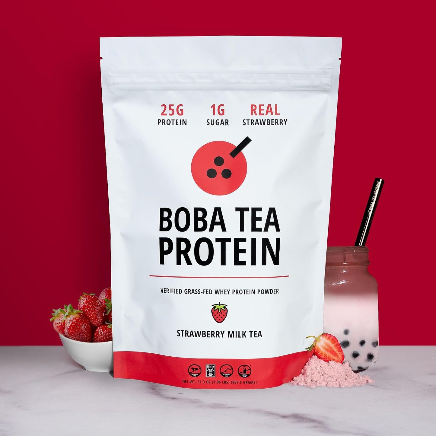 Strawberry Milk Tea | 25g Grass-Fed Whey Protein Isolate Powder | Gluten-Free & Soy-Free Bubble Tea Protein Drink | Real Ingredients & Lactose-Free Protein Drink | 25 Servings