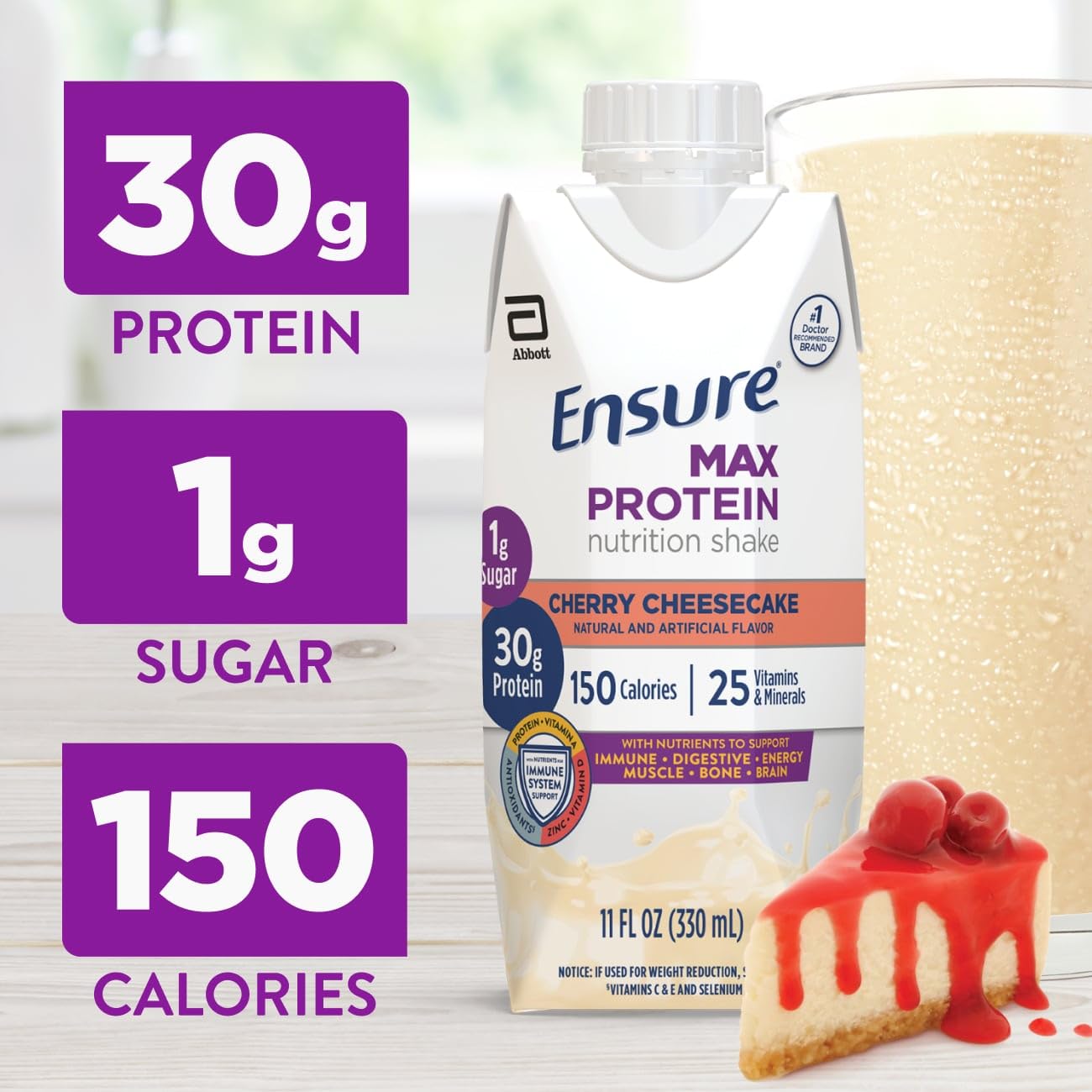 Ensure Max Protein Milk Chocolate Shake, 30g High Protein, 12 Pack | 30g Protein to Support Muscle Health & Manage Hunger for Adults, Each Protein Shake has 1g Sugar, 150 Calories, 4g Fiber
