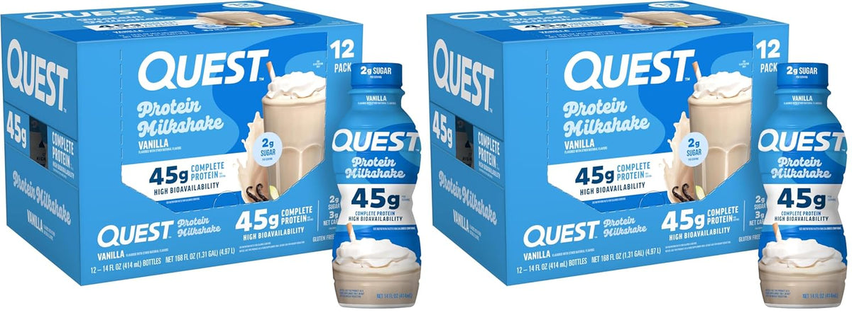 Quest Nutrition Chocolate Protein Shake, 45g Protein, 2g Sugar, 4g Net Carbs, Ready to Drink, Gluten Free, 12 Count | 45g Complete Protein, Ready to Drink, 4g Net Carbs, Gluten Free, Ultrafiltered Nonfat Milk, High Protein, 14 Fl Oz Bottles