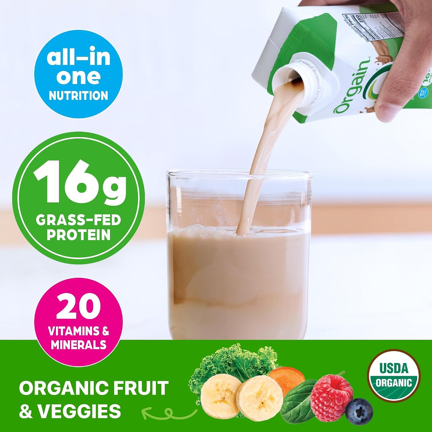 Orgain Organic Grass Fed Dairy 16g Protein Shake, Vanilla, 11oz, 12pk | Ready to drink grass-fed dairy protein, meal replacement, 20 vitamins & minerals, fruits & vegetables, non-GMO, gluten-free