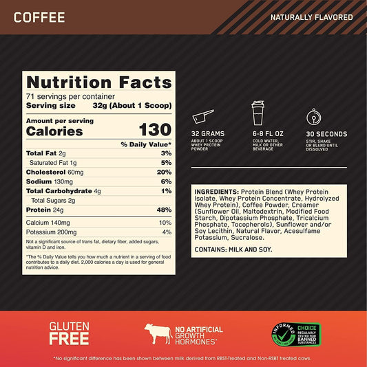 OPTIMUM NUTRITION GOLD STANDARD 100% Whey Protein Powder, Coffee, 5 Pound