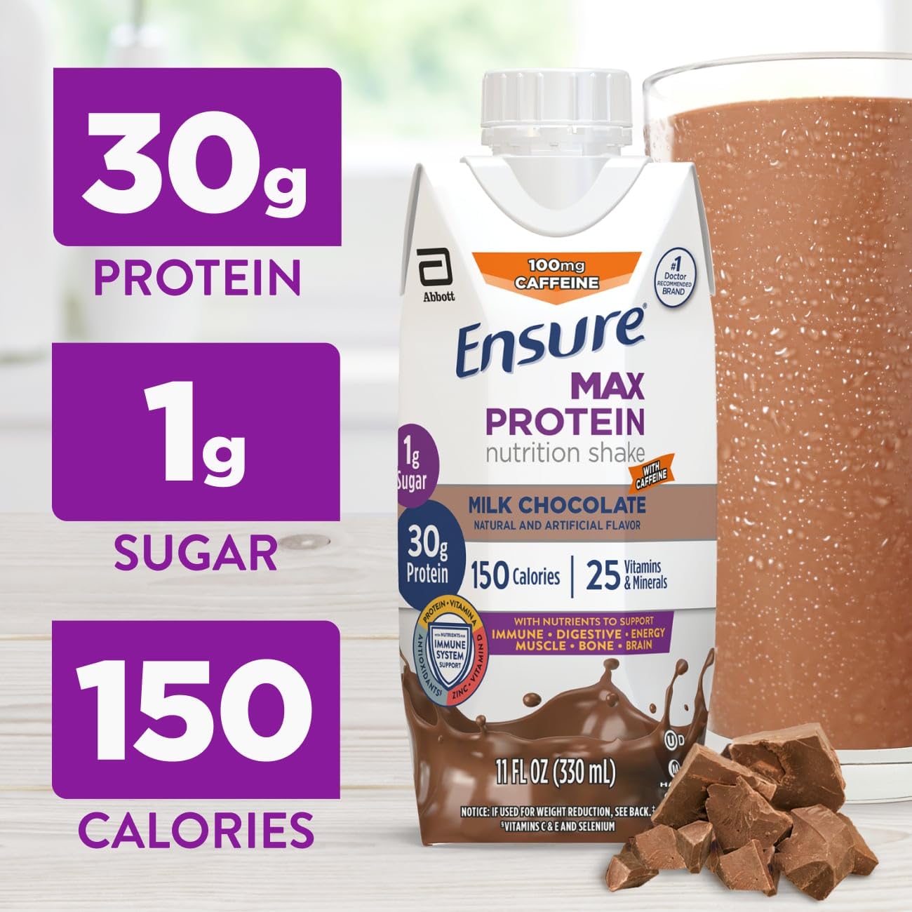 Ensure Max Protein Milk Chocolate Shake, 30g High Protein, 12 Pack | 30g Protein to Support Muscle Health & Manage Hunger for Adults, Each Protein Shake has 1g Sugar, 150 Calories, 4g Fiber