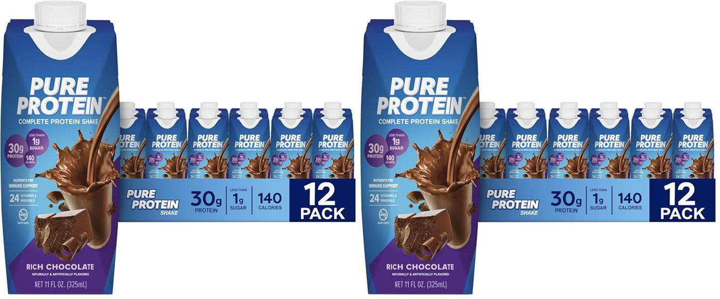 Pure Protein Chocolate Protein Shake, 30g Complete Protein, Ready to Drink and Keto-Friendly, Vitamins A, C, D, and E plus Zinc to Support Immune Health, 11oz Bottles, 12 Pack | Ready to Drink and Keto-Friendly, Vitamins A, C, D, and E plus Zinc to Suppor