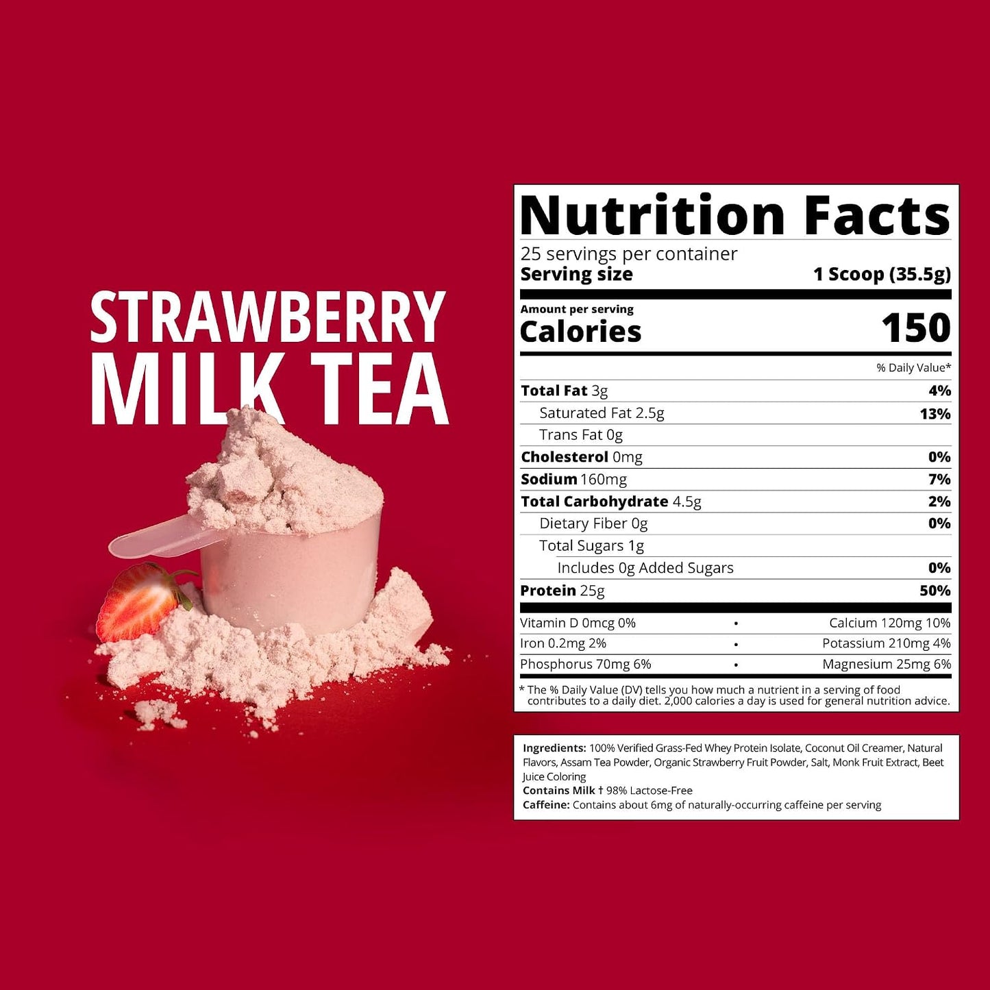 Strawberry Milk Tea | 25g Grass-Fed Whey Protein Isolate Powder | Gluten-Free & Soy-Free Bubble Tea Protein Drink | Real Ingredients & Lactose-Free Protein Drink | 25 Servings