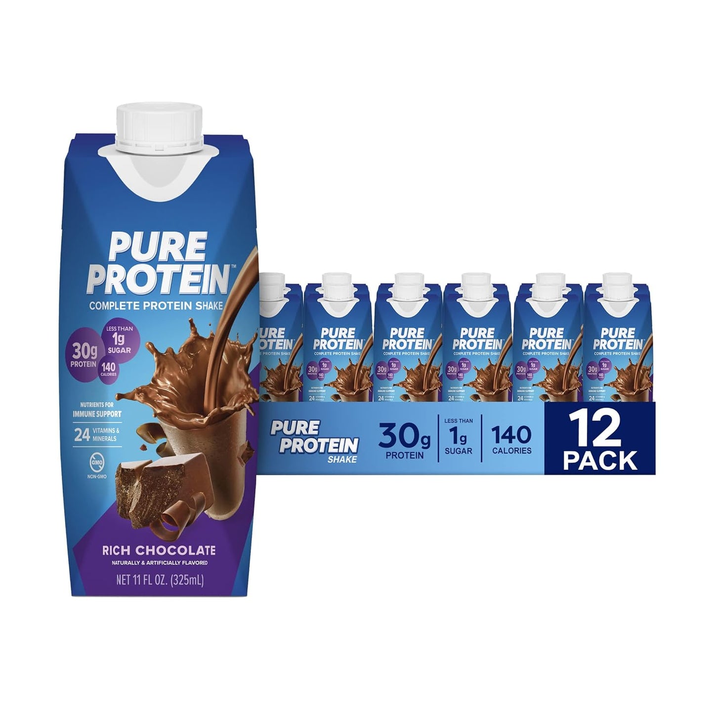 Pure Protein Chocolate Protein Shake, 30g Complete Protein, Ready to Drink and Keto-Friendly, Vitamins A, C, D, and E plus Zinc to Support Immune Health, 11oz Bottles, 12 Pack | Ready to Drink and Keto-Friendly, Vitamins A, C, D, and E plus Zinc to Suppor