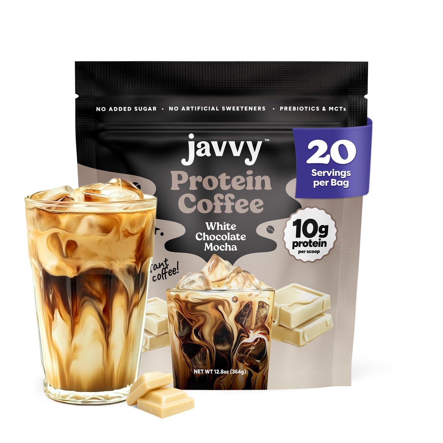 Javvy Protein Iced Coffee - Premium Whey Protein & Iced Coffees, 100% Natural Cold Brew, Zero Artificial Flavors & Sweeteners, 80mg Caffeine, No Added Sugar, 20 Servings, Caramel, 1 Pack