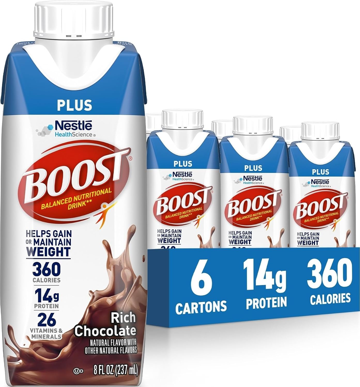 BOOST Plus Nutritional Drink, Rich Chocolate, 8 fl oz (Pack of 24) | Balanced, 8 FL OZ