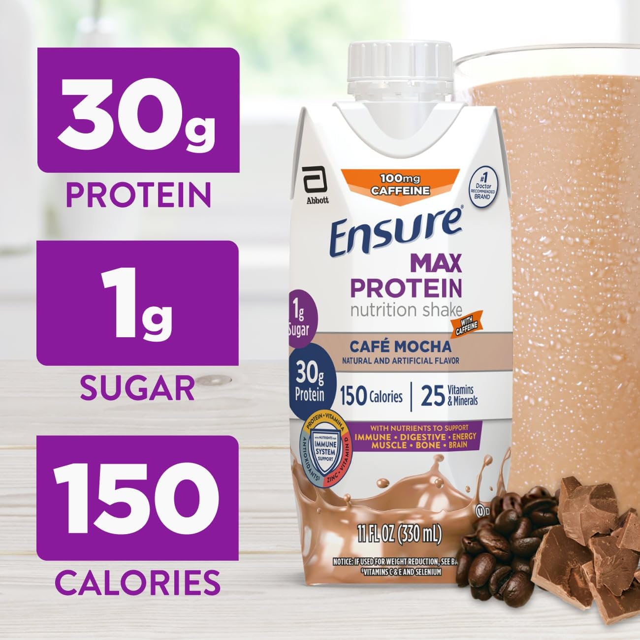 Ensure Max Protein Milk Chocolate Shake, 30g High Protein, 12 Pack | 30g Protein to Support Muscle Health & Manage Hunger for Adults, Each Protein Shake has 1g Sugar, 150 Calories, 4g Fiber