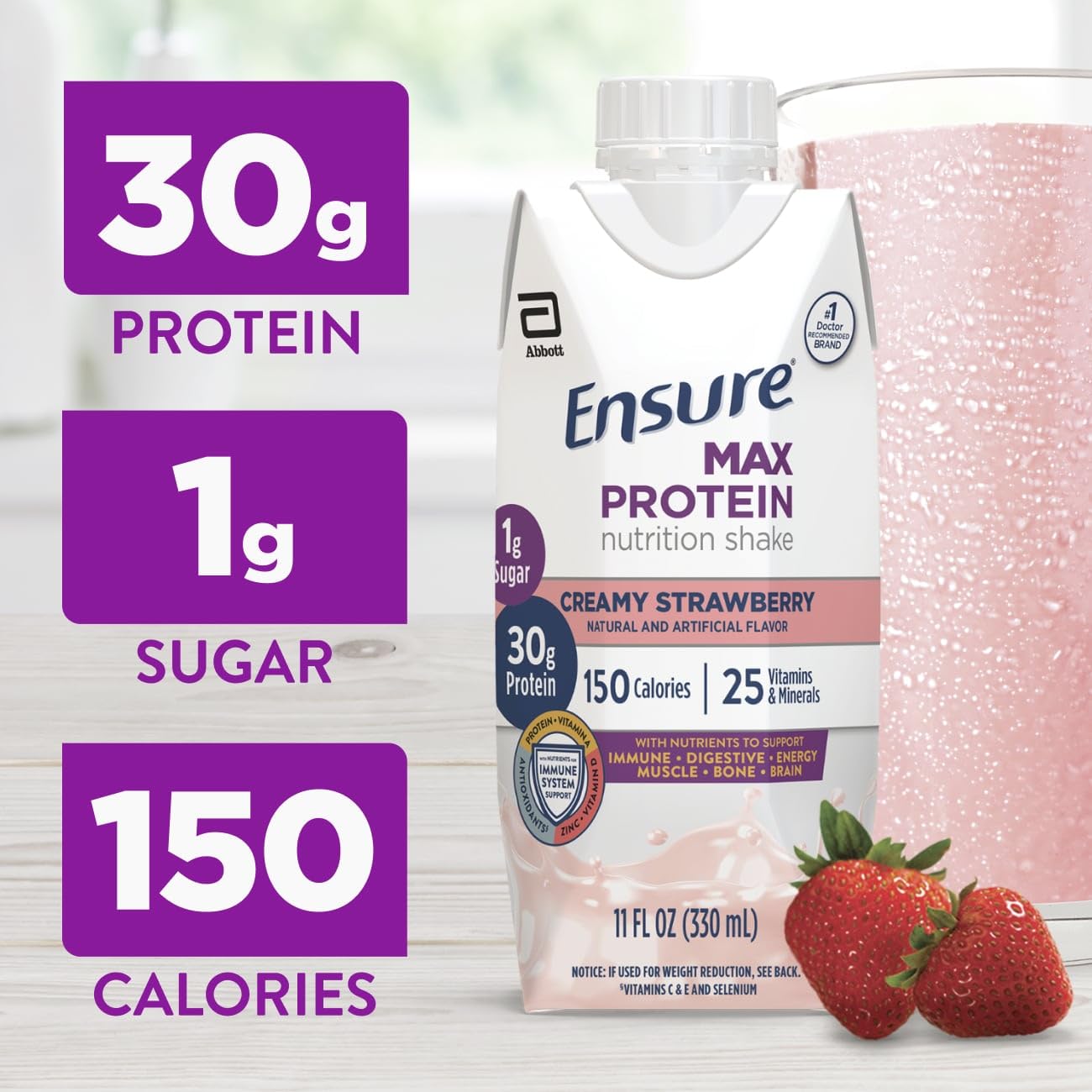 Ensure Max Protein Milk Chocolate Shake, 30g High Protein, 12 Pack | 30g Protein to Support Muscle Health & Manage Hunger for Adults, Each Protein Shake has 1g Sugar, 150 Calories, 4g Fiber