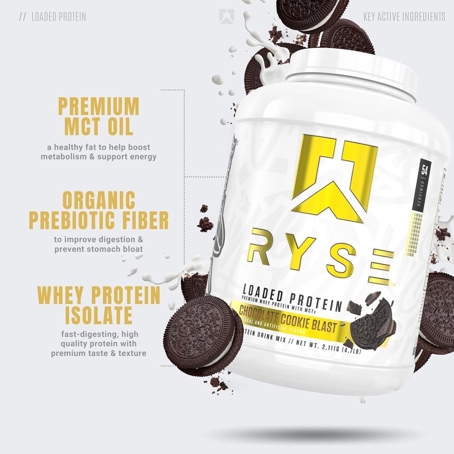 RYSE Loaded Protein Powder - Cinnamon Toast - 25g Whey Protein Isolate & Concentrate with Prebiotic Fiber & MCTs - Low Carb, Low Sugar, Digestive-Friendly - 20 Servings / 1.5 lb Tub