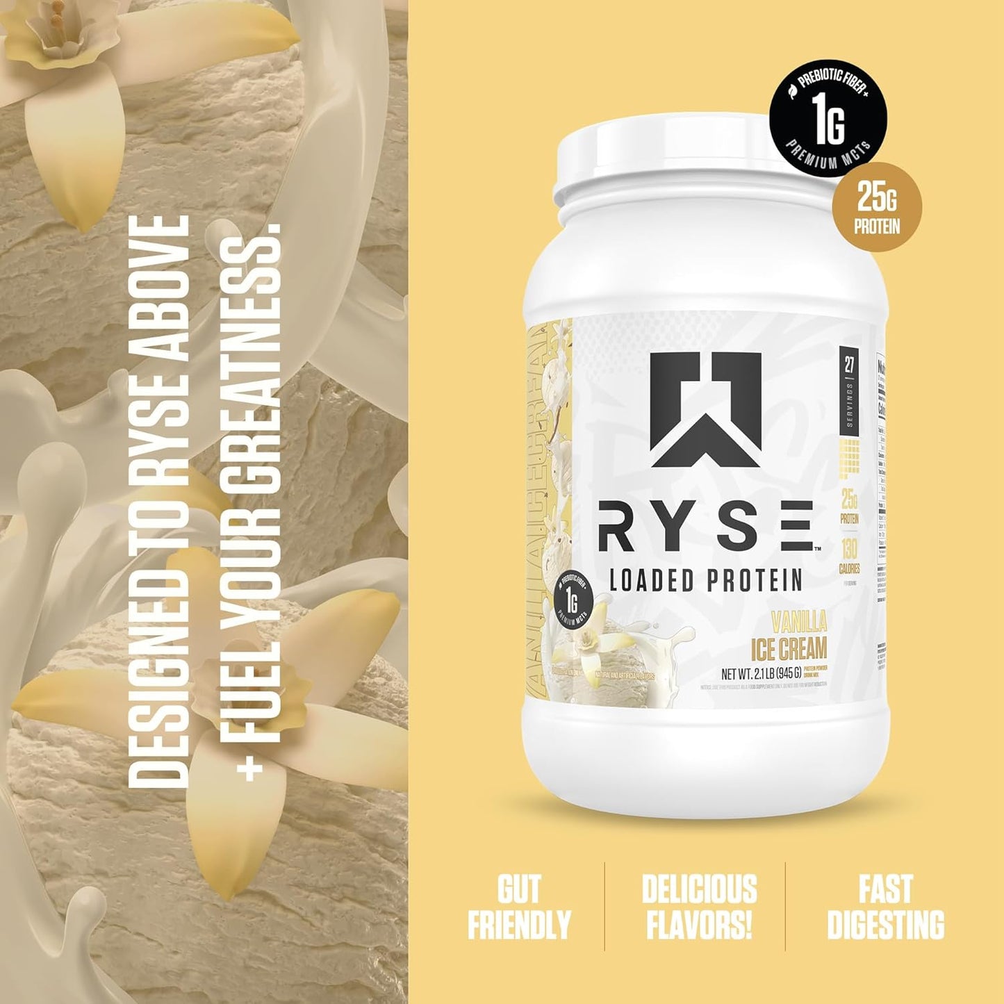 RYSE Loaded Protein Powder - Cinnamon Toast - 25g Whey Protein Isolate & Concentrate with Prebiotic Fiber & MCTs - Low Carb, Low Sugar, Digestive-Friendly - 20 Servings / 1.5 lb Tub