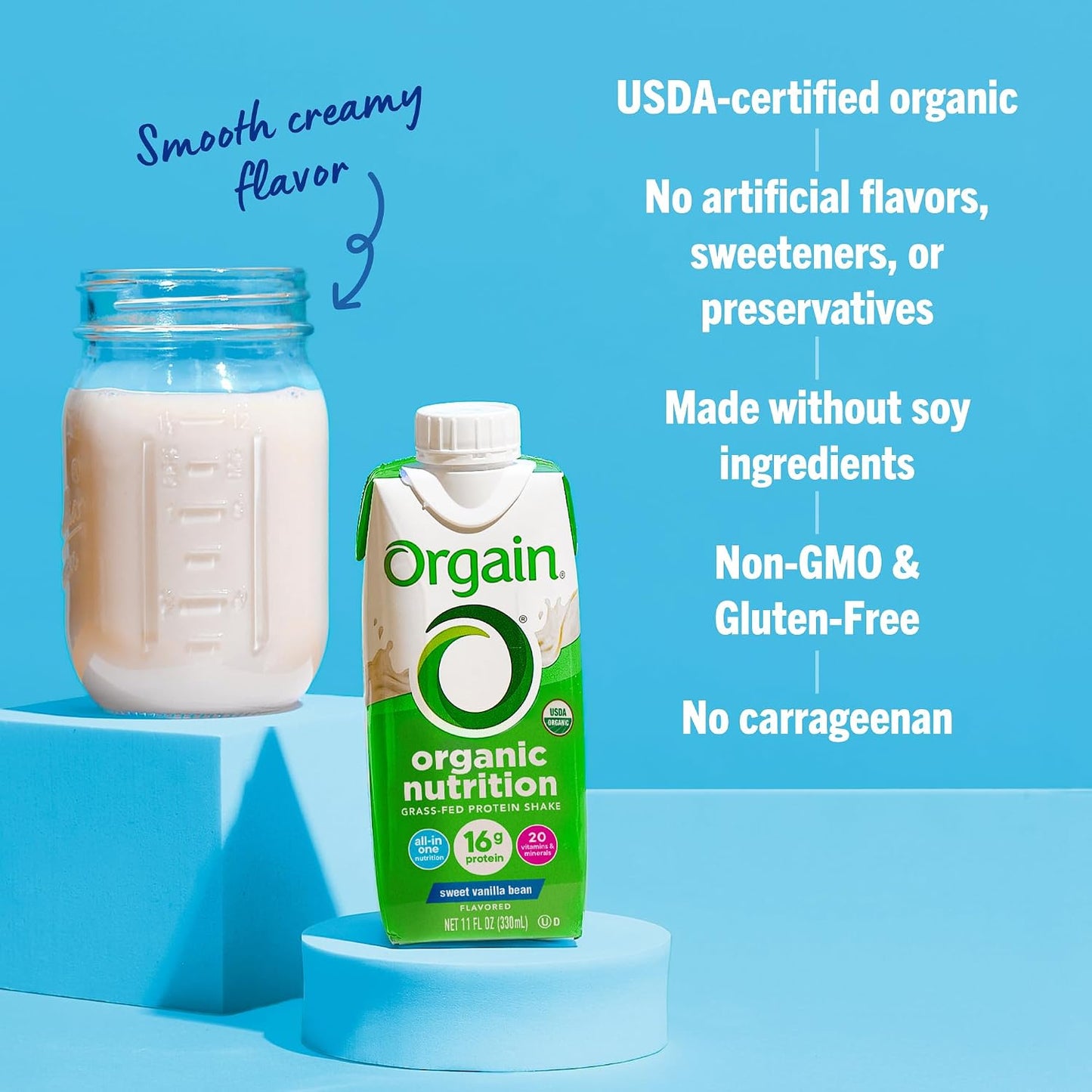 Orgain Organic Grass Fed Dairy 16g Protein Shake, Vanilla, 11oz, 12pk | Ready to drink grass-fed dairy protein, meal replacement, 20 vitamins & minerals, fruits & vegetables, non-GMO, gluten-free