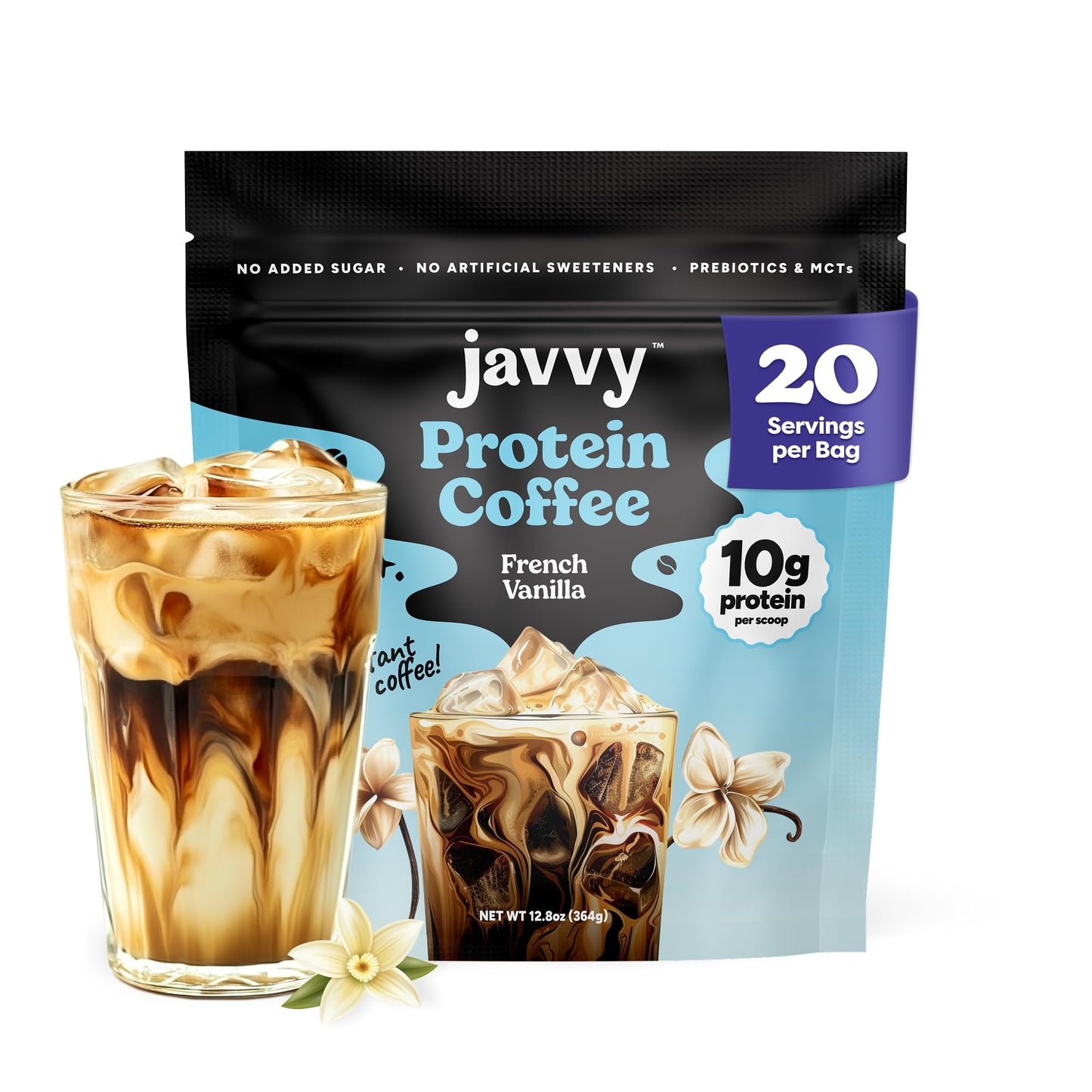 Javvy Protein Iced Coffee - Premium Whey Protein & Iced Coffees, 100% Natural Cold Brew, Zero Artificial Flavors & Sweeteners, 80mg Caffeine, No Added Sugar, 20 Servings, Caramel, 1 Pack