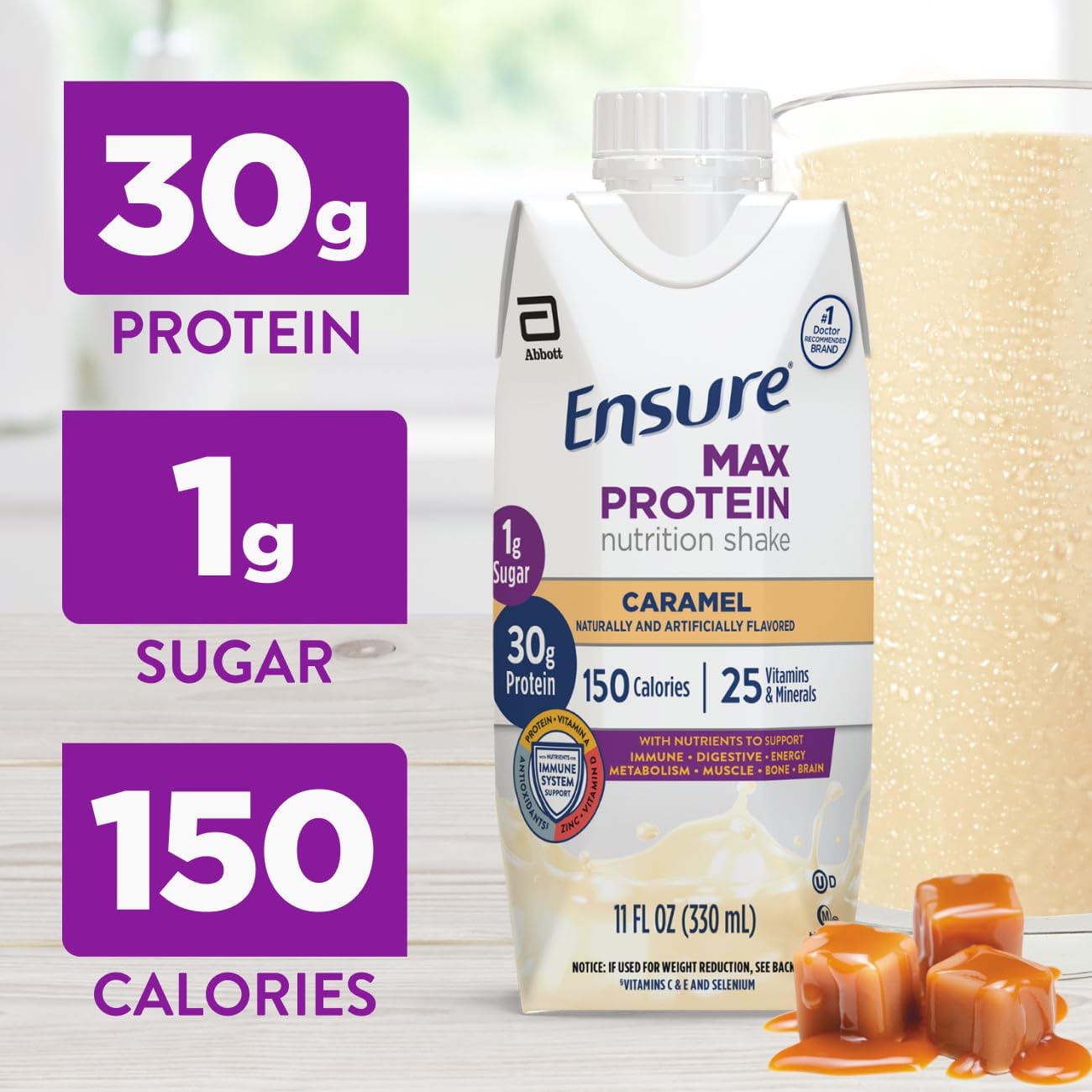 Ensure Max Protein Milk Chocolate Shake, 30g High Protein, 12 Pack | 30g Protein to Support Muscle Health & Manage Hunger for Adults, Each Protein Shake has 1g Sugar, 150 Calories, 4g Fiber