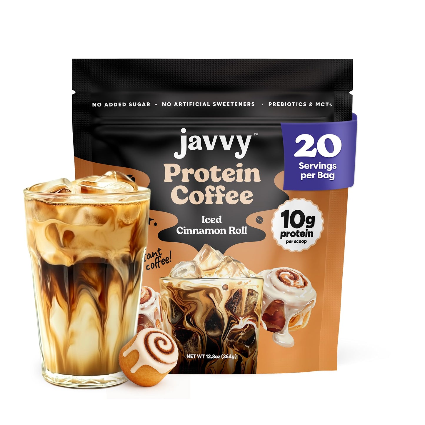 Javvy Protein Iced Coffee - Premium Whey Protein & Iced Coffees, 100% Natural Cold Brew, Zero Artificial Flavors & Sweeteners, 80mg Caffeine, No Added Sugar, 20 Servings, Caramel, 1 Pack