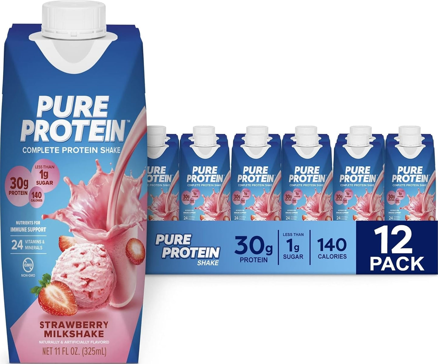 Pure Protein Chocolate Protein Shake, 30g Complete Protein, Ready to Drink and Keto-Friendly, Vitamins A, C, D, and E plus Zinc to Support Immune Health, 11oz Bottles, 12 Pack | Ready to Drink and Keto-Friendly, Vitamins A, C, D, and E plus Zinc to Suppor