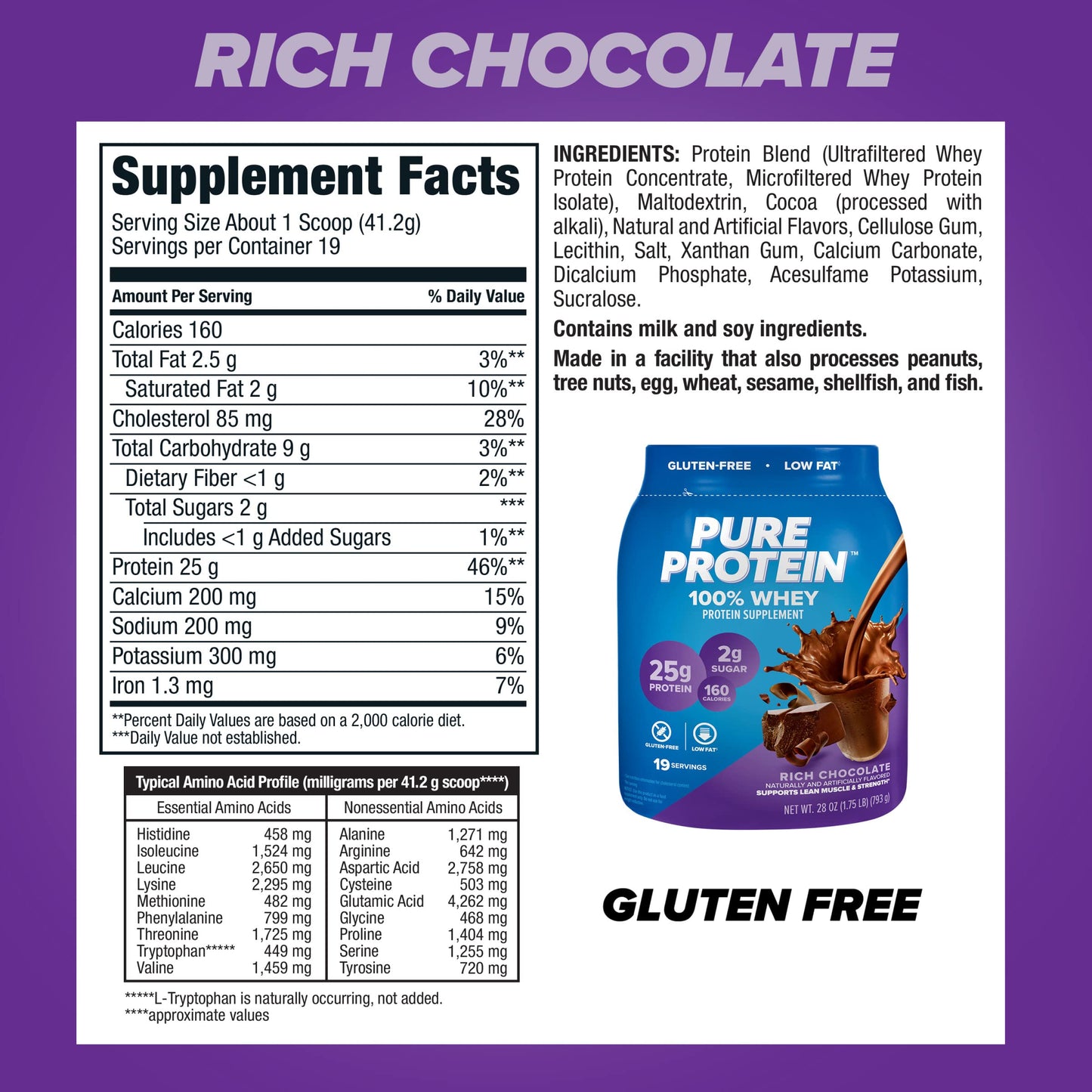 Pure Protein Powder, Whey, High Protein, Low Sugar, Gluten Free, Vanilla Cream, 1.75 lbs