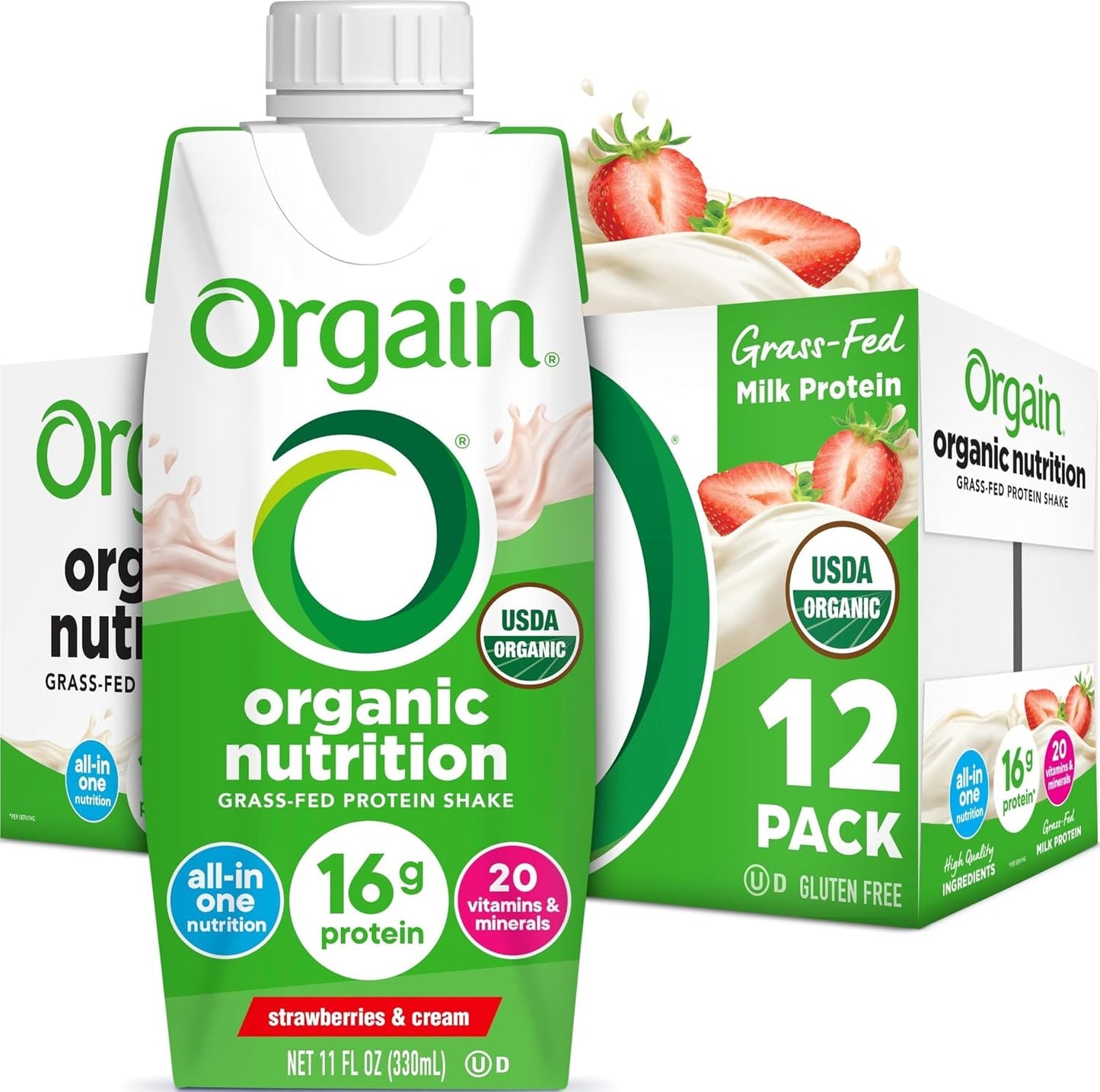 Orgain Organic Grass Fed Dairy 16g Protein Shake, Vanilla, 11oz, 12pk | Ready to drink grass-fed dairy protein, meal replacement, 20 vitamins & minerals, fruits & vegetables, non-GMO, gluten-free