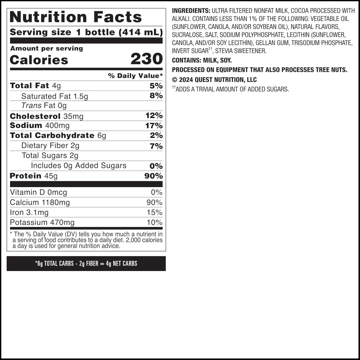Quest Nutrition Chocolate Protein Shake, 45g Protein, 2g Sugar, 4g Net Carbs, Ready to Drink, Gluten Free, 12 Count | 45g Complete Protein, Ready to Drink, 4g Net Carbs, Gluten Free, Ultrafiltered Nonfat Milk, High Protein, 14 Fl Oz Bottles