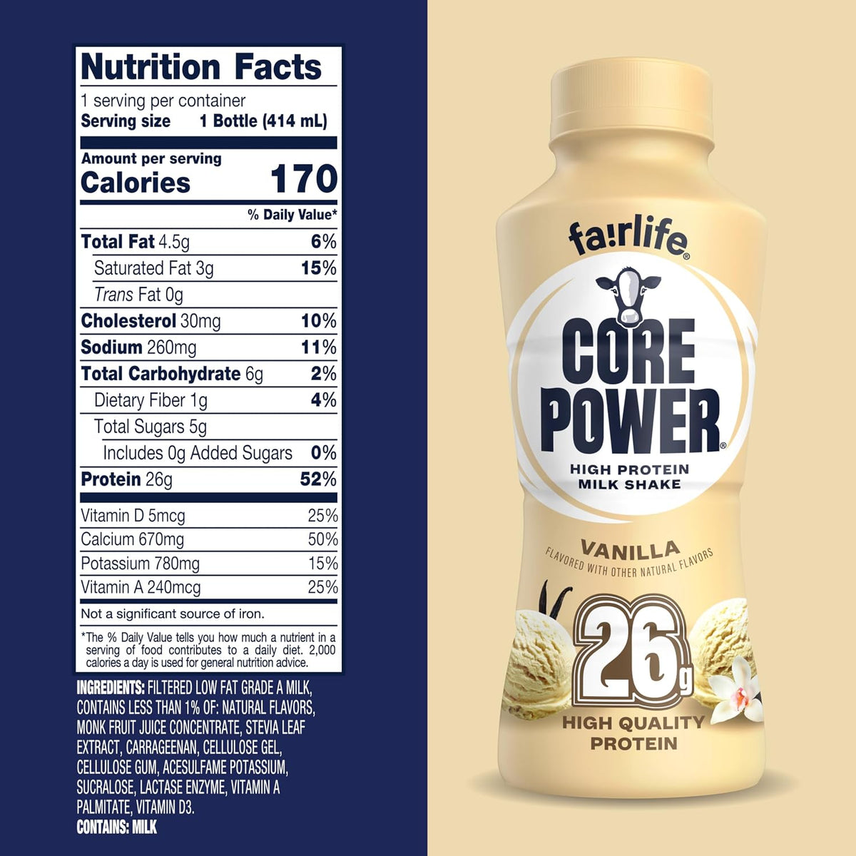 Core Power Protein Shake, Vanilla, 26g Bottle, 14oz, 12 Pack