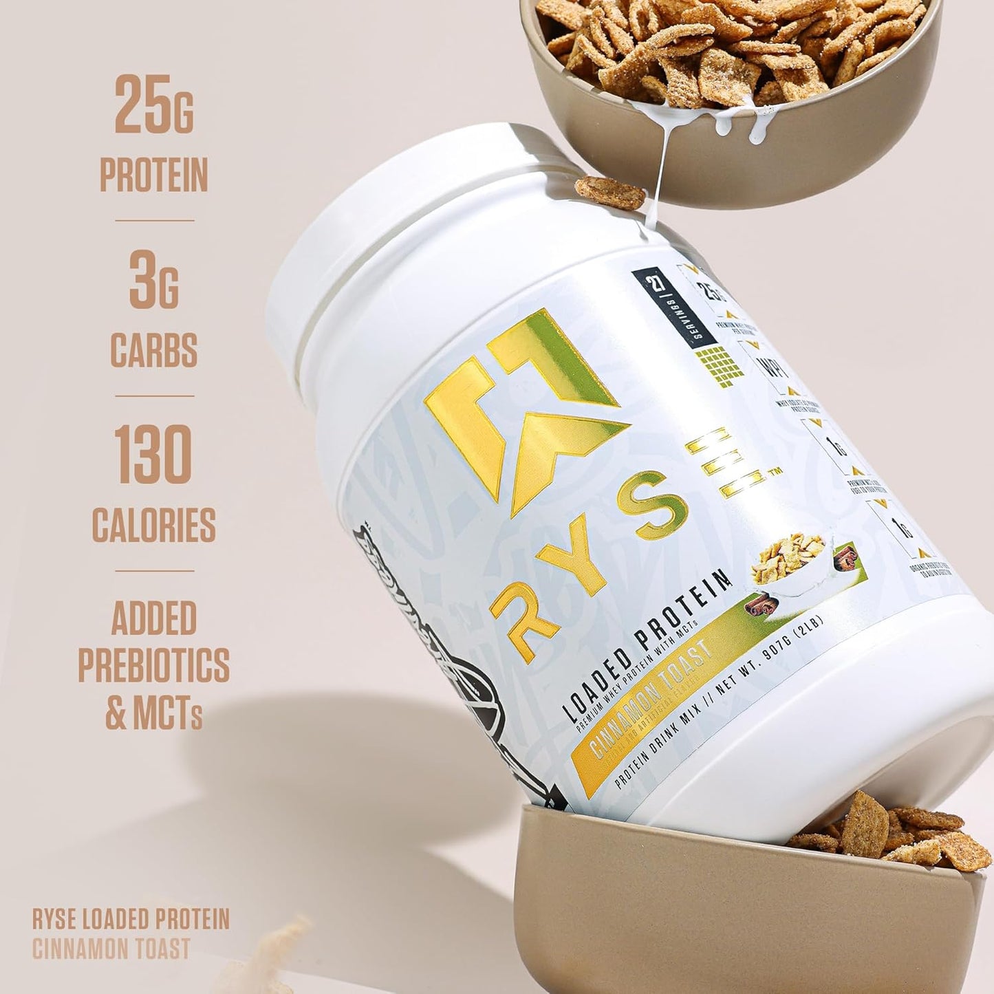 RYSE Loaded Protein Powder - Cinnamon Toast - 25g Whey Protein Isolate & Concentrate with Prebiotic Fiber & MCTs - Low Carb, Low Sugar, Digestive-Friendly - 20 Servings / 1.5 lb Tub