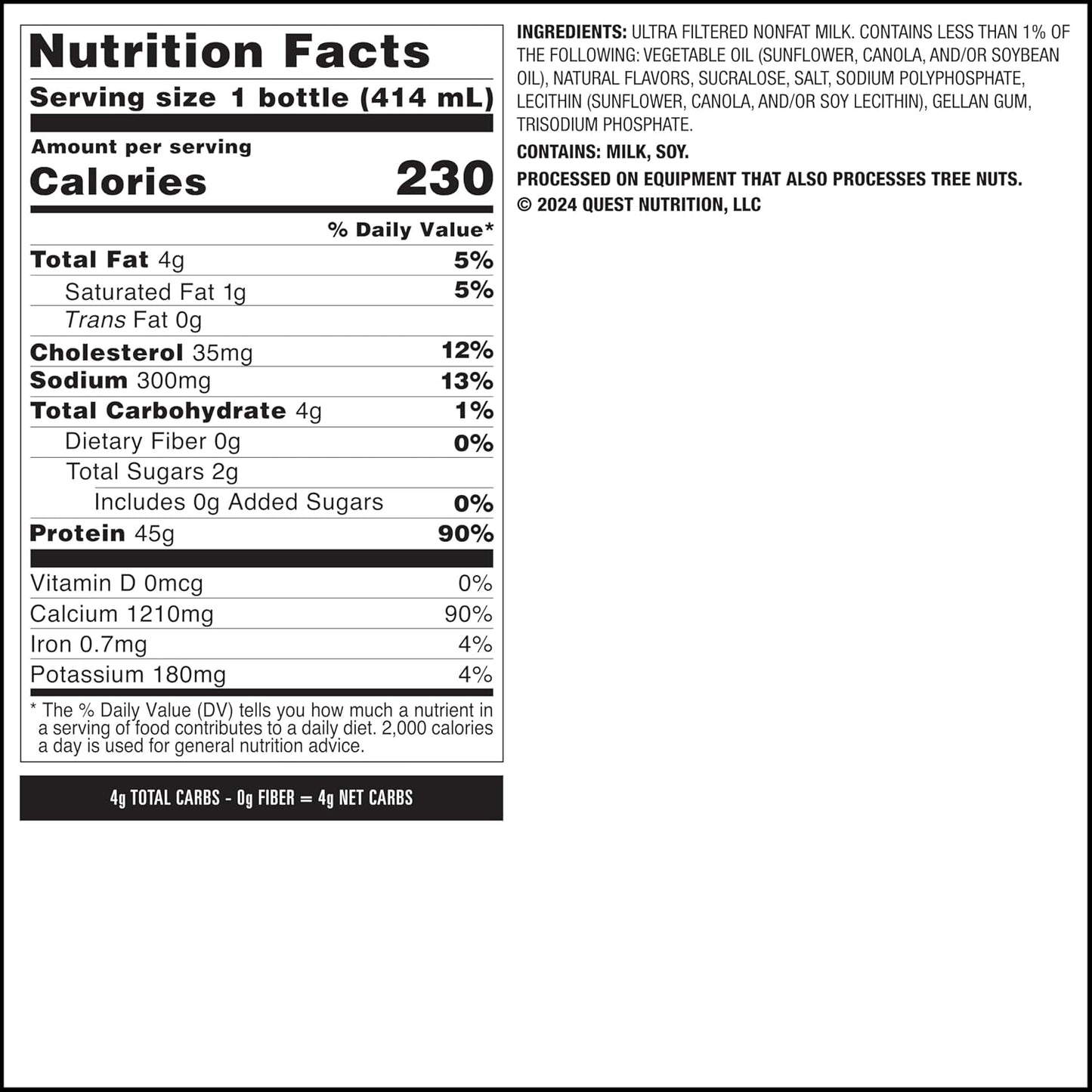 Quest Nutrition Chocolate Protein Shake, 45g Protein, 2g Sugar, 4g Net Carbs, Ready to Drink, Gluten Free, 12 Count | 45g Complete Protein, Ready to Drink, 4g Net Carbs, Gluten Free, Ultrafiltered Nonfat Milk, High Protein, 14 Fl Oz Bottles