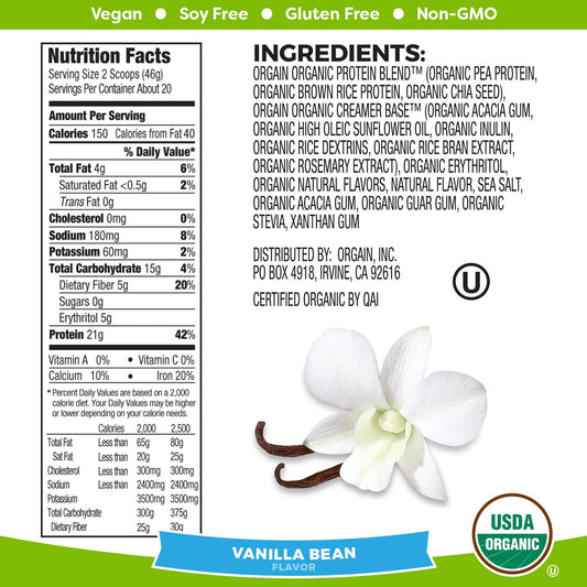 Orgain Organic Plant Based Protein Powder, Vanilla Bean - Vegan, Low Net Carbs, Non Dairy, Gluten Free, Lactose Free, No Sugar Added, Soy Free, Kosher, Non-GMO, 2.03 Pound
