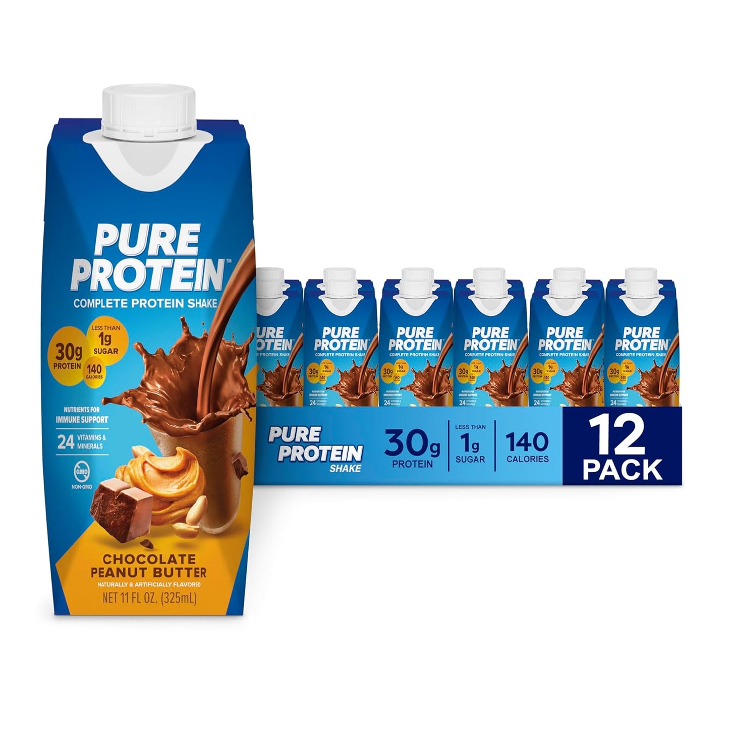 Pure Protein Chocolate Protein Shake, 30g Complete Protein, Ready to Drink and Keto-Friendly, Vitamins A, C, D, and E plus Zinc to Support Immune Health, 11oz Bottles, 12 Pack | Ready to Drink and Keto-Friendly, Vitamins A, C, D, and E plus Zinc to Suppor