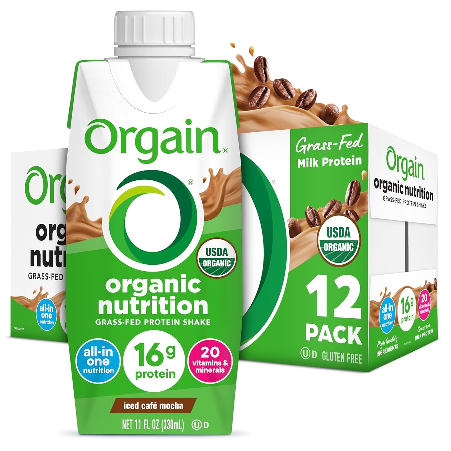 Orgain Organic Grass Fed Dairy 16g Protein Shake, Vanilla, 11oz, 12pk | Ready to drink grass-fed dairy protein, meal replacement, 20 vitamins & minerals, fruits & vegetables, non-GMO, gluten-free