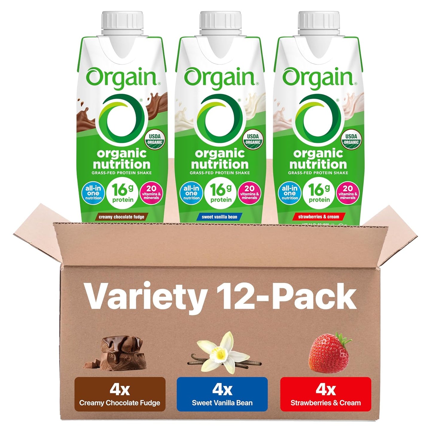 Orgain Organic Grass Fed Dairy 16g Protein Shake, Vanilla, 11oz, 12pk | Ready to drink grass-fed dairy protein, meal replacement, 20 vitamins & minerals, fruits & vegetables, non-GMO, gluten-free