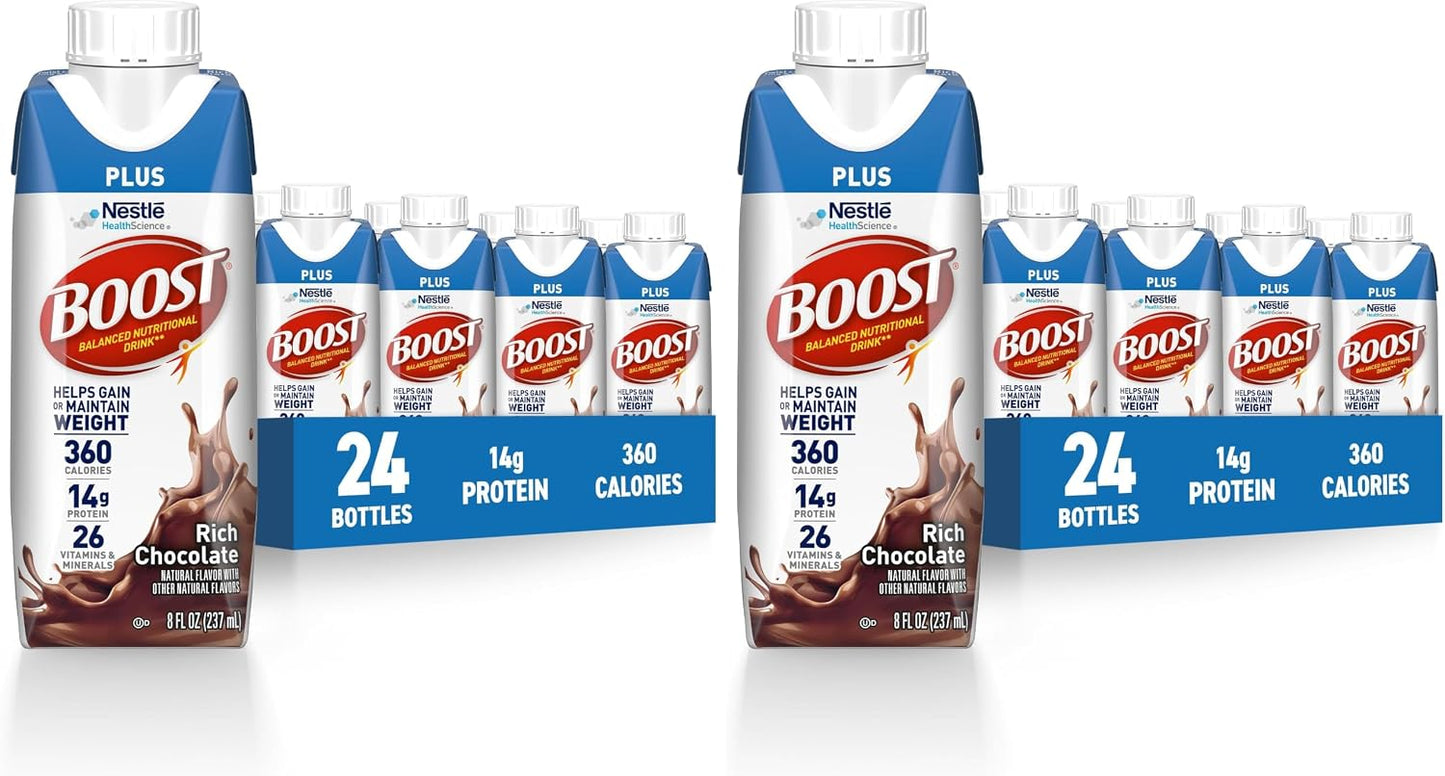 BOOST Plus Nutritional Drink, Rich Chocolate, 8 fl oz (Pack of 24) | Balanced, 8 FL OZ