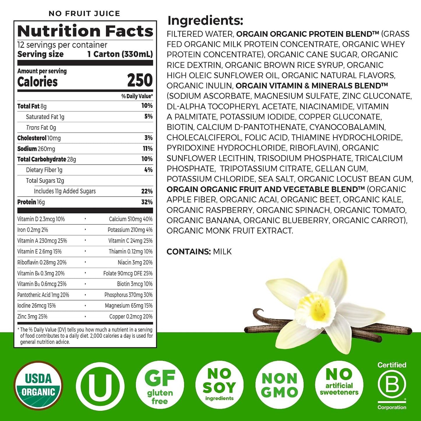 Orgain Organic Grass Fed Dairy 16g Protein Shake, Vanilla, 11oz, 12pk | Ready to drink grass-fed dairy protein, meal replacement, 20 vitamins & minerals, fruits & vegetables, non-GMO, gluten-free