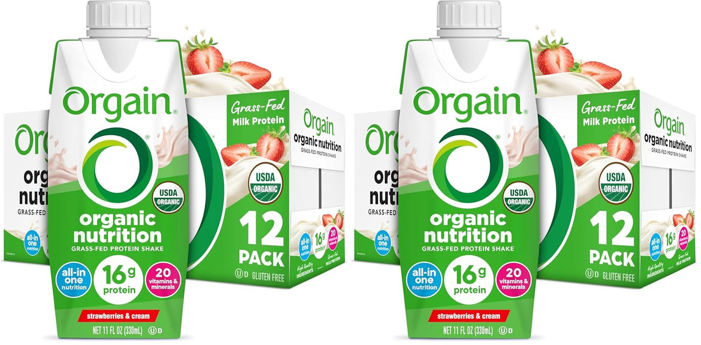 Orgain Organic Grass Fed Dairy 16g Protein Shake, Vanilla, 11oz, 12pk | Ready to drink grass-fed dairy protein, meal replacement, 20 vitamins & minerals, fruits & vegetables, non-GMO, gluten-free