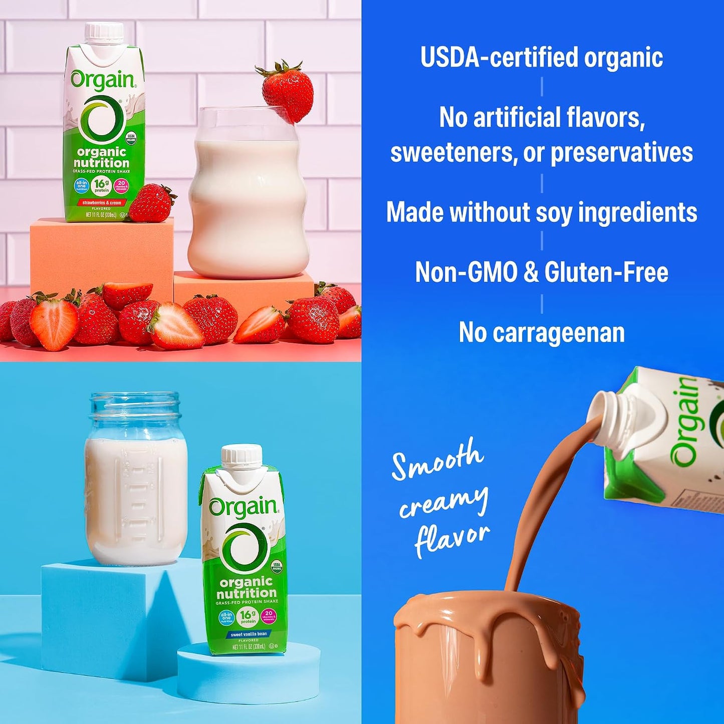 Orgain Organic Grass Fed Dairy 16g Protein Shake, Vanilla, 11oz, 12pk | Ready to drink grass-fed dairy protein, meal replacement, 20 vitamins & minerals, fruits & vegetables, non-GMO, gluten-free