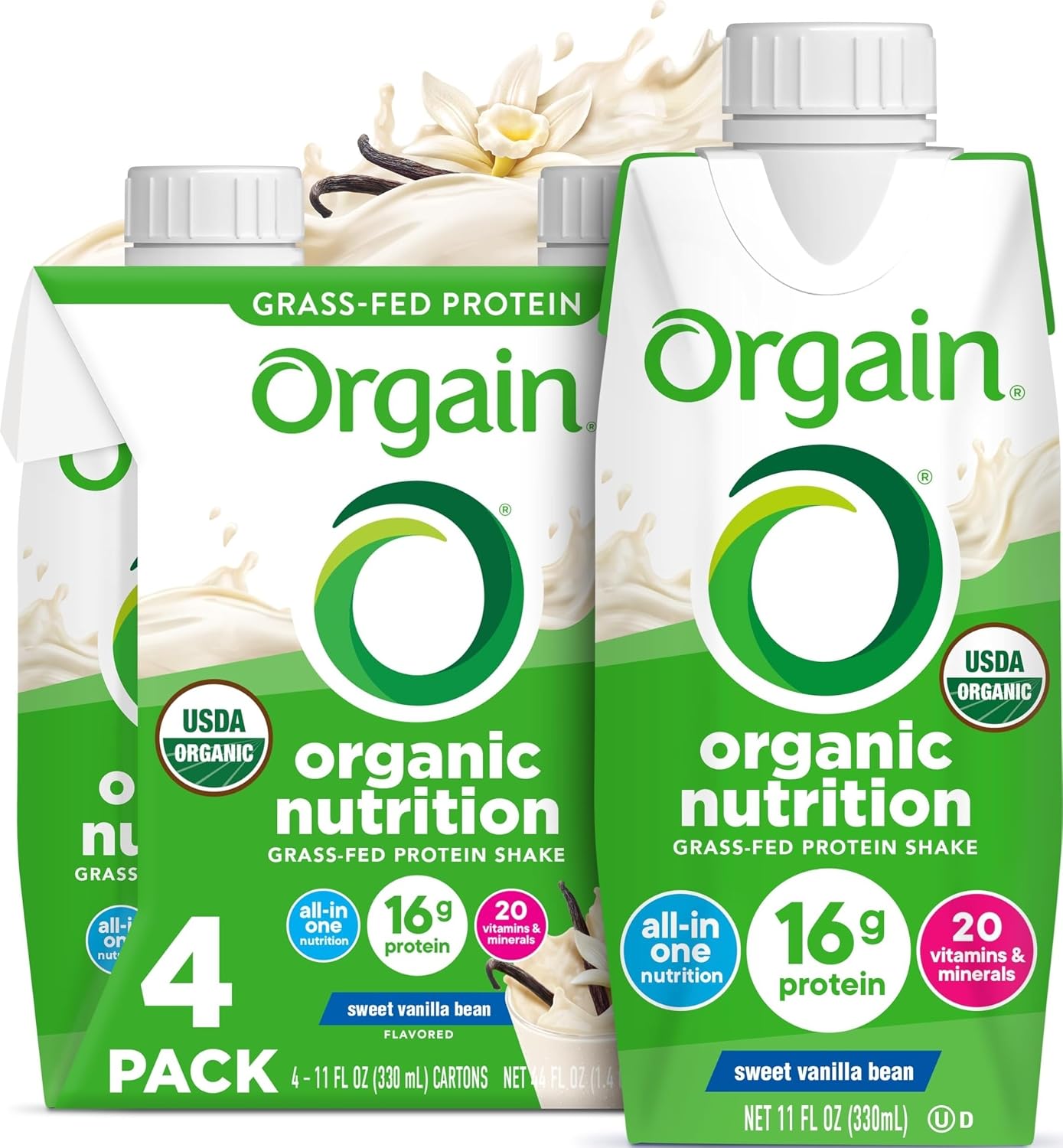 Orgain Organic Grass Fed Dairy 16g Protein Shake, Vanilla, 11oz, 12pk | Ready to drink grass-fed dairy protein, meal replacement, 20 vitamins & minerals, fruits & vegetables, non-GMO, gluten-free