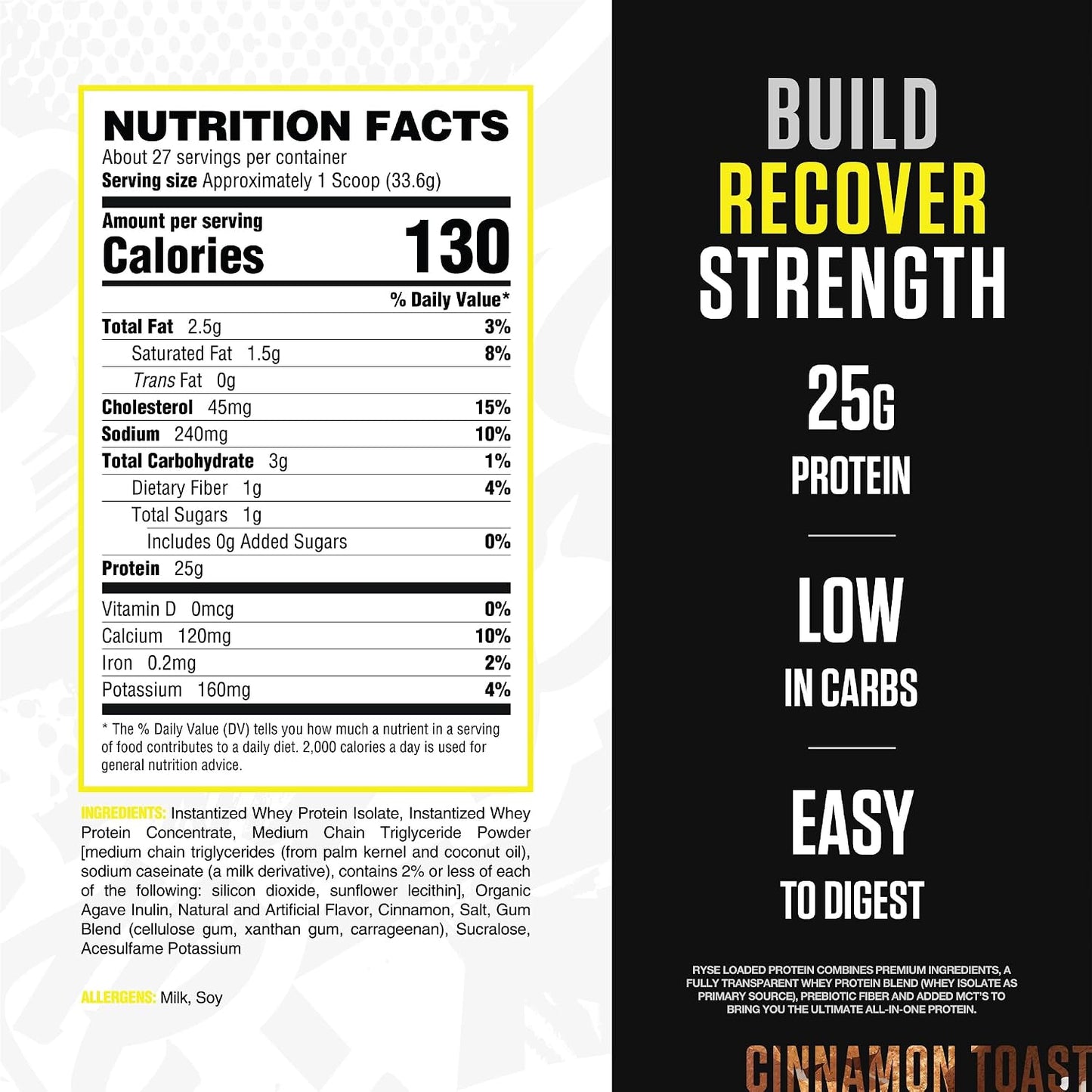 RYSE Loaded Protein Powder - Cinnamon Toast - 25g Whey Protein Isolate & Concentrate with Prebiotic Fiber & MCTs - Low Carb, Low Sugar, Digestive-Friendly - 20 Servings / 1.5 lb Tub