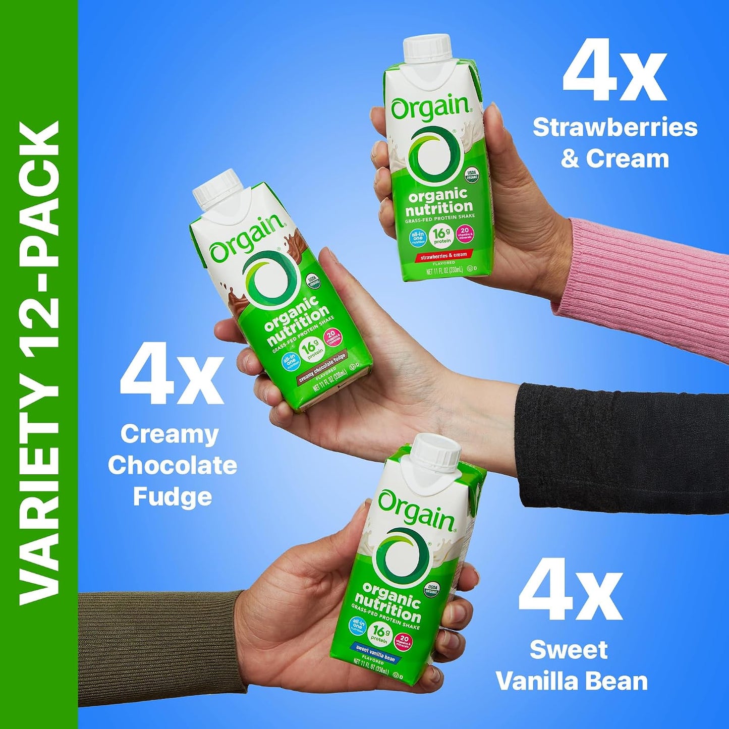 Orgain Organic Grass Fed Dairy 16g Protein Shake, Vanilla, 11oz, 12pk | Ready to drink grass-fed dairy protein, meal replacement, 20 vitamins & minerals, fruits & vegetables, non-GMO, gluten-free
