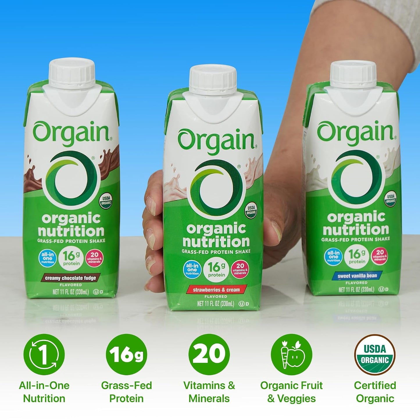 Orgain Organic Grass Fed Dairy 16g Protein Shake, Vanilla, 11oz, 12pk | Ready to drink grass-fed dairy protein, meal replacement, 20 vitamins & minerals, fruits & vegetables, non-GMO, gluten-free