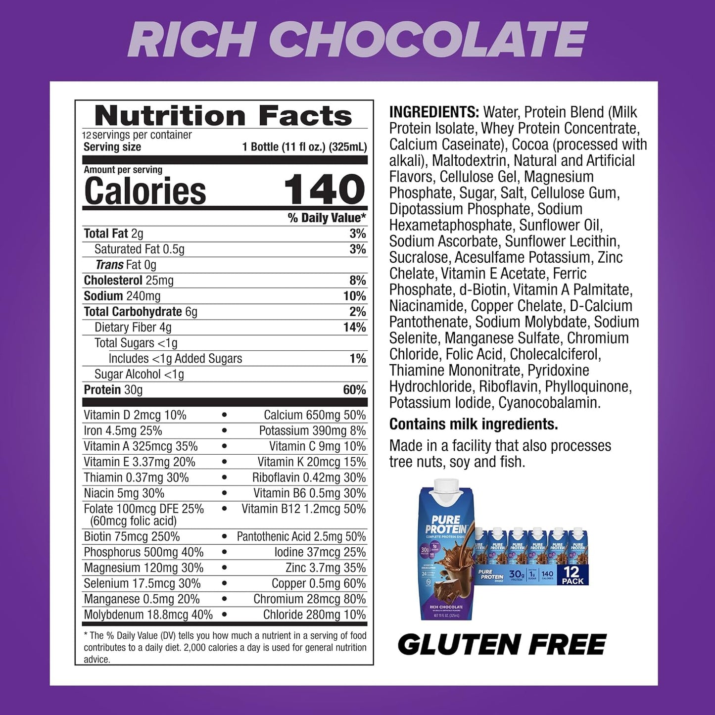 Pure Protein Chocolate Protein Shake, 30g Complete Protein, Ready to Drink and Keto-Friendly, Vitamins A, C, D, and E plus Zinc to Support Immune Health, 11oz Bottles, 12 Pack | Ready to Drink and Keto-Friendly, Vitamins A, C, D, and E plus Zinc to Suppor