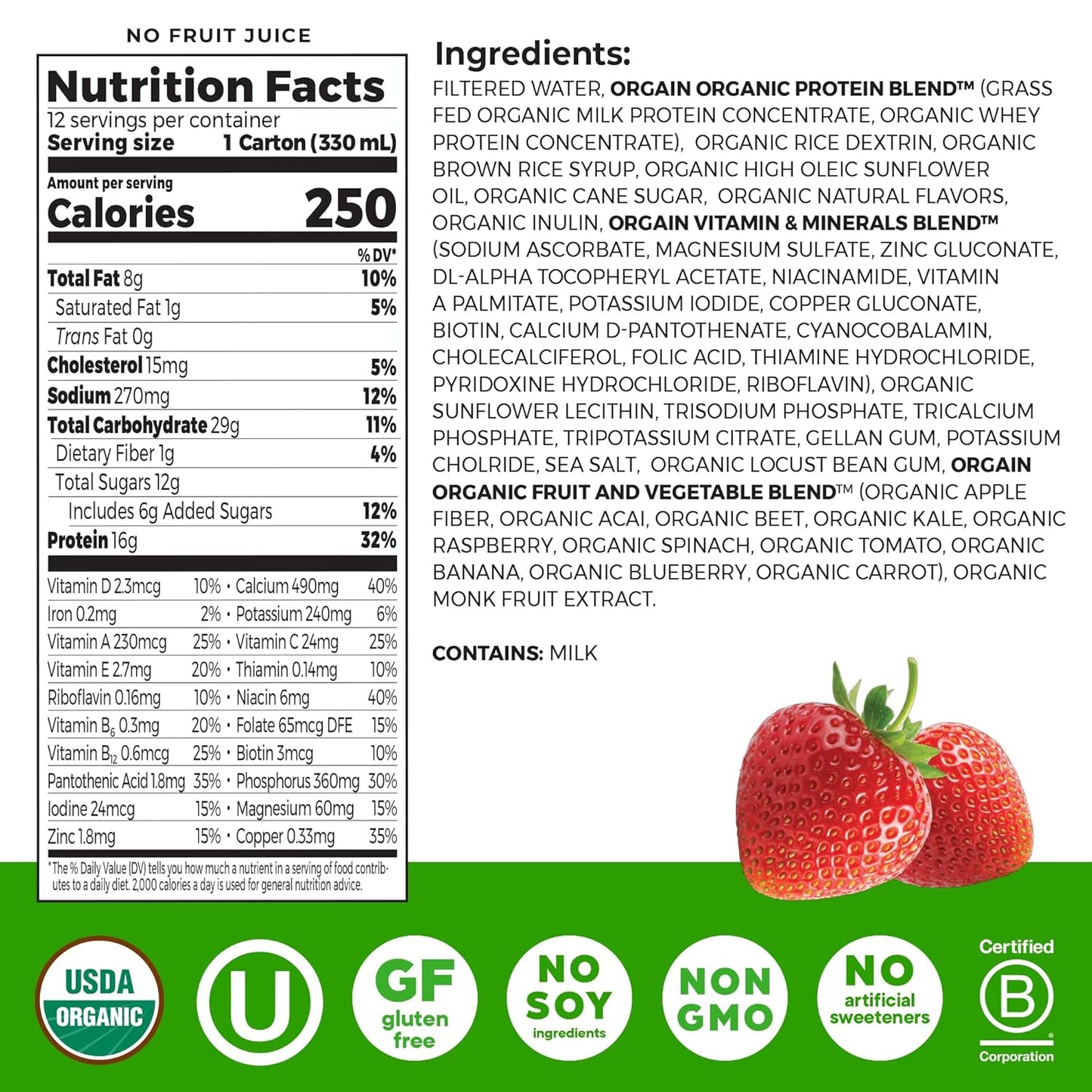 Orgain Organic Grass Fed Dairy 16g Protein Shake, Vanilla, 11oz, 12pk | Ready to drink grass-fed dairy protein, meal replacement, 20 vitamins & minerals, fruits & vegetables, non-GMO, gluten-free