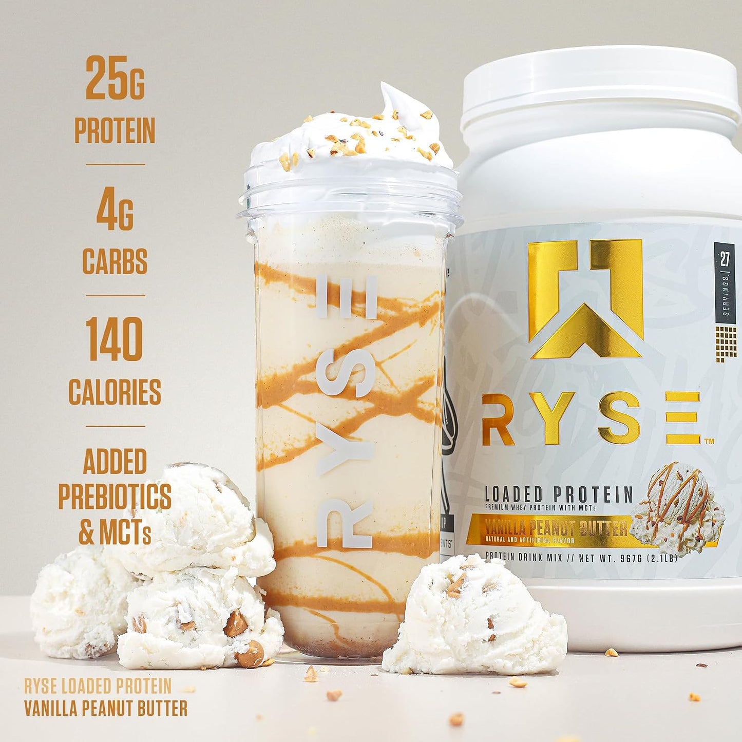 RYSE Loaded Protein Powder - Cinnamon Toast - 25g Whey Protein Isolate & Concentrate with Prebiotic Fiber & MCTs - Low Carb, Low Sugar, Digestive-Friendly - 20 Servings / 1.5 lb Tub