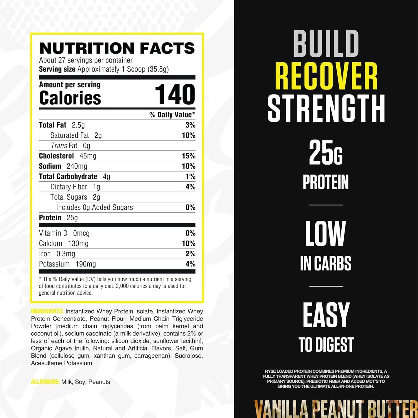 RYSE Loaded Protein Powder - Cinnamon Toast - 25g Whey Protein Isolate & Concentrate with Prebiotic Fiber & MCTs - Low Carb, Low Sugar, Digestive-Friendly - 20 Servings / 1.5 lb Tub