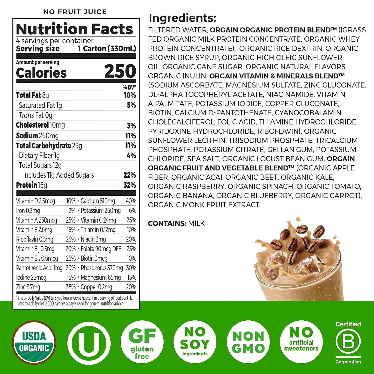 Orgain Organic Grass Fed Dairy 16g Protein Shake, Vanilla, 11oz, 12pk | Ready to drink grass-fed dairy protein, meal replacement, 20 vitamins & minerals, fruits & vegetables, non-GMO, gluten-free