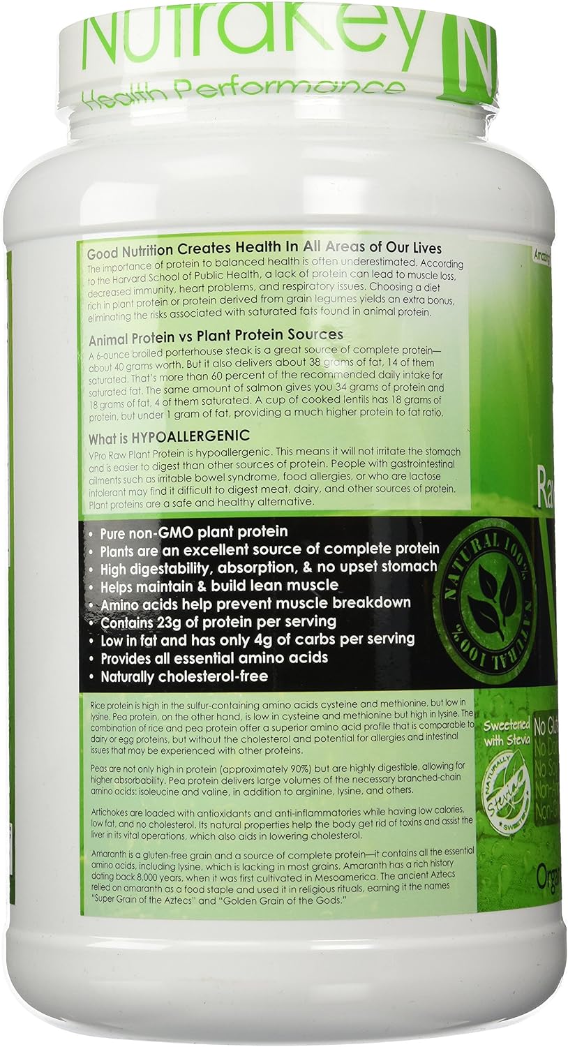 NutraKey V-Pro, Raw Plant Protein Powder, Organic, Vegan, Low Carb, Gluten Free with with 20g of Protein (Vanilla Cookie) 1.78-Pound.